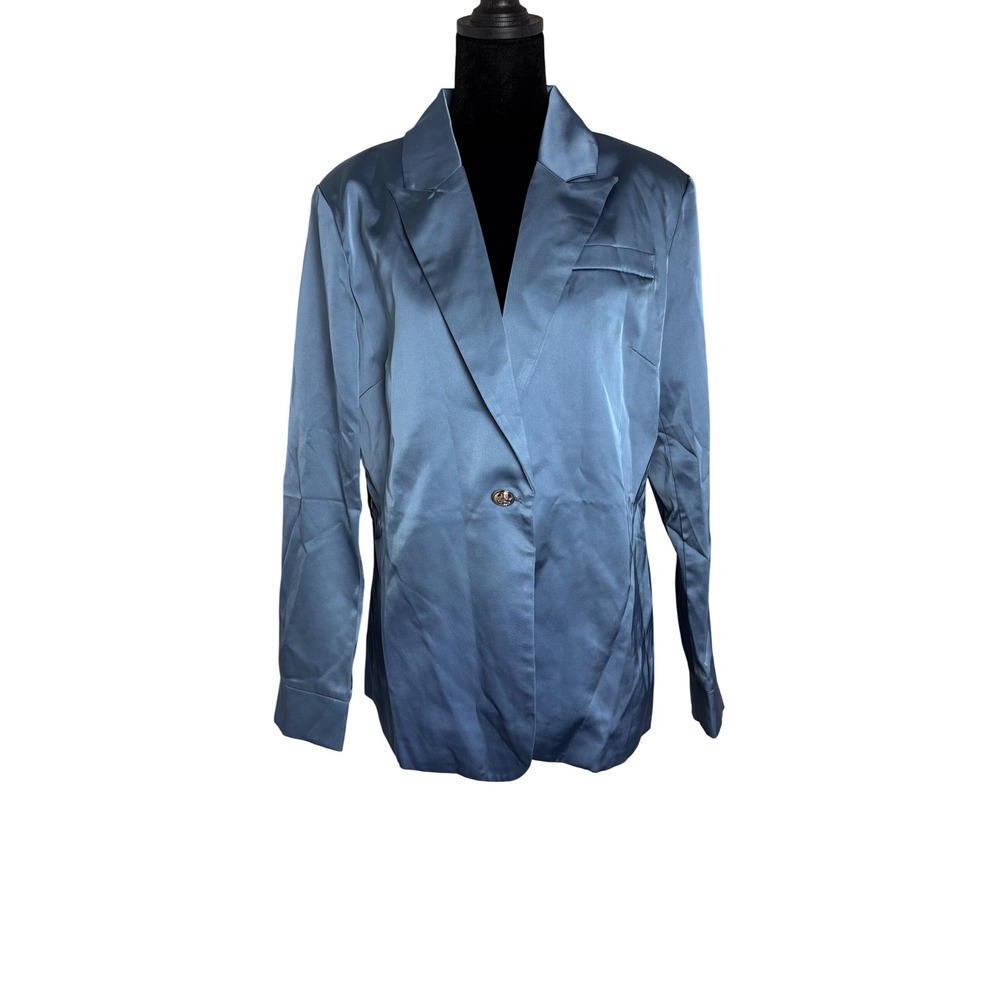 Boutique Satin Blazer Women Medium Blue Excellent Single Button Long Sleeve